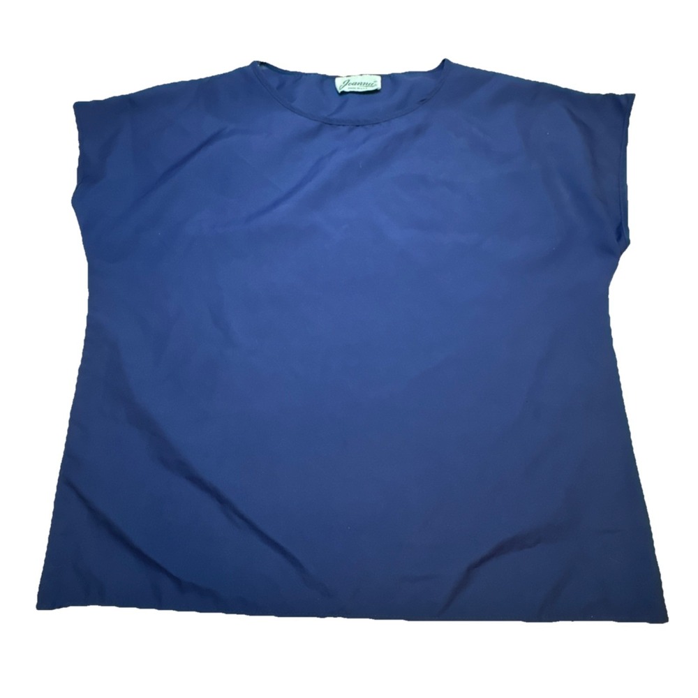Joanna Vintage Navy Blue Short Sleeve Blouse Boxy Crew Neck Top‎ Made in USA
